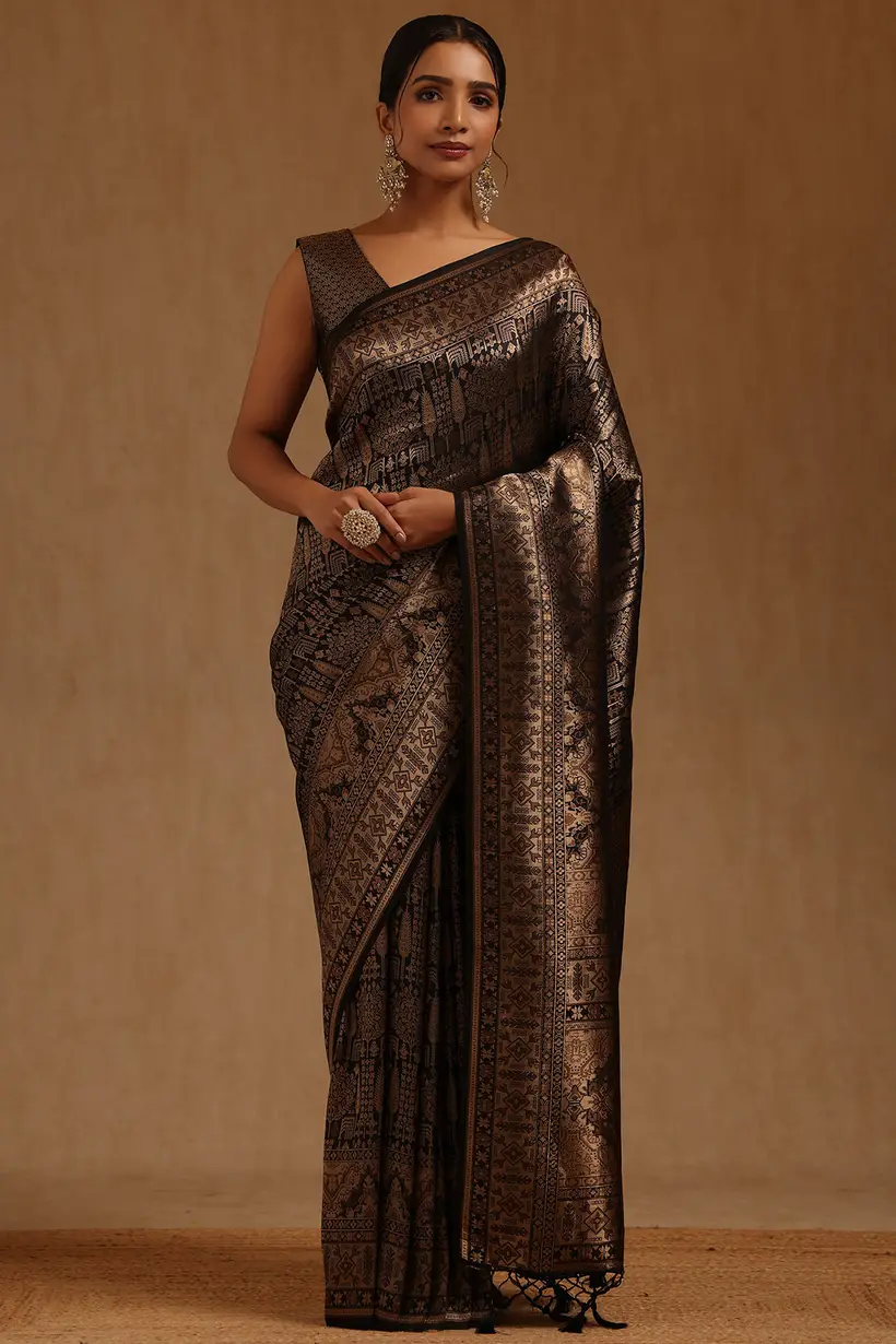 Black Tussar Woven Designs Saree With Zari